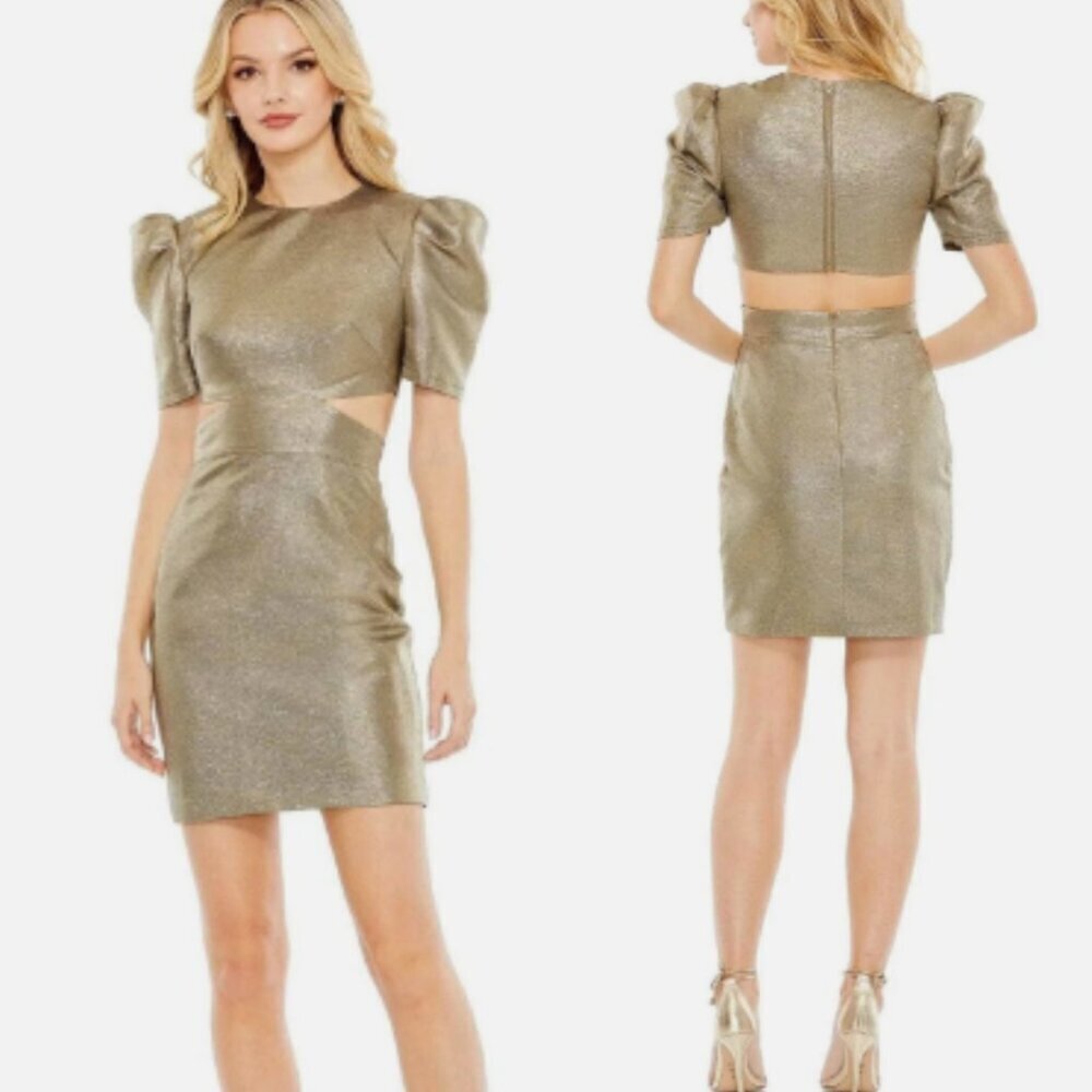 New! IEENA Mac Duggal Metallic Puff Sleeve Cutout Mini Dress Copper 26748